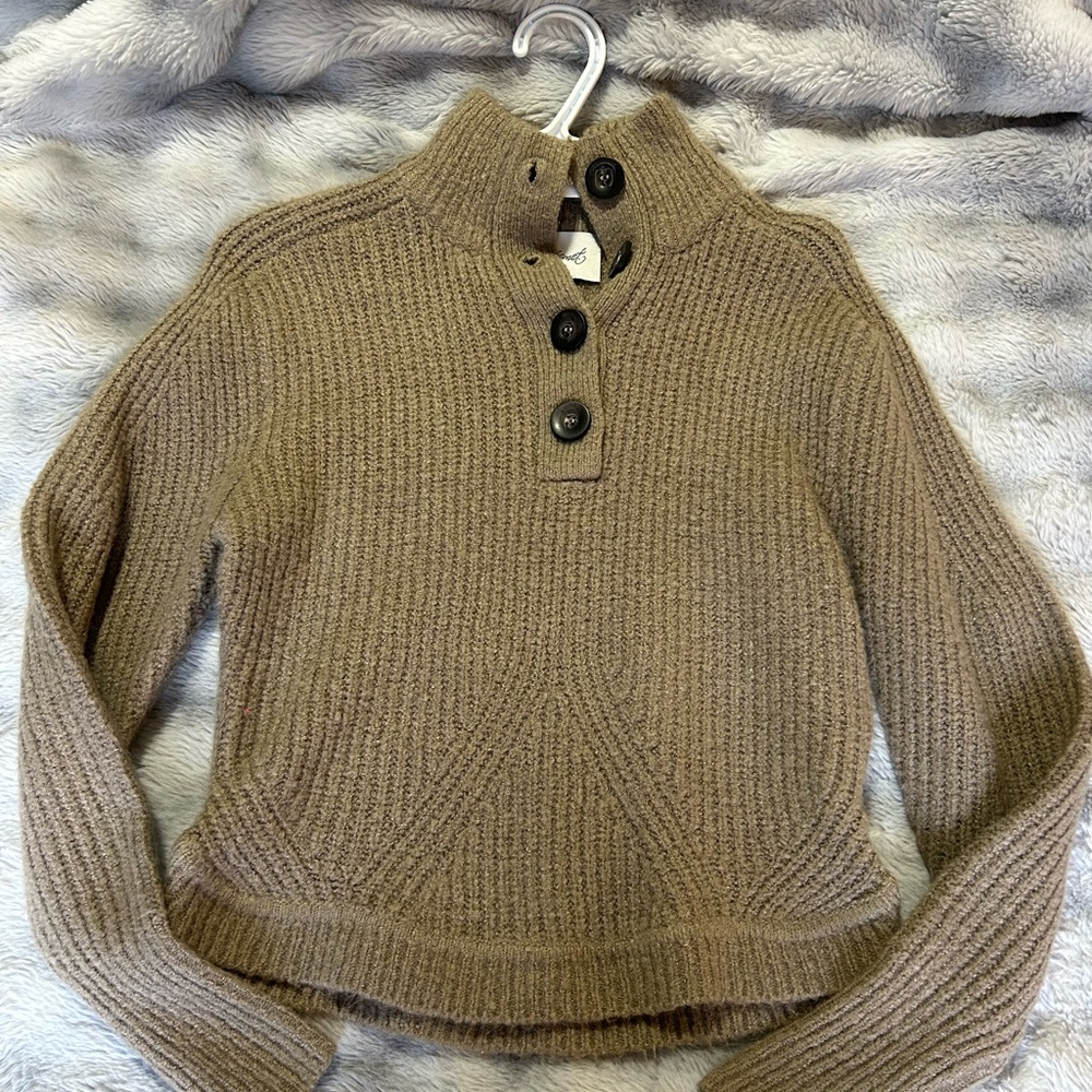Kismet Tan Button-Up Cowl Sweater